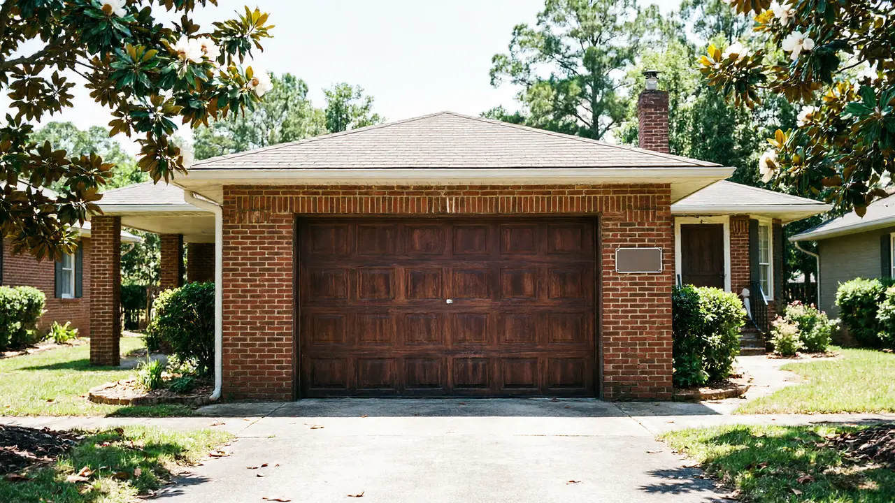 Technician adjusting the track of a partly open taupe garage door with windows