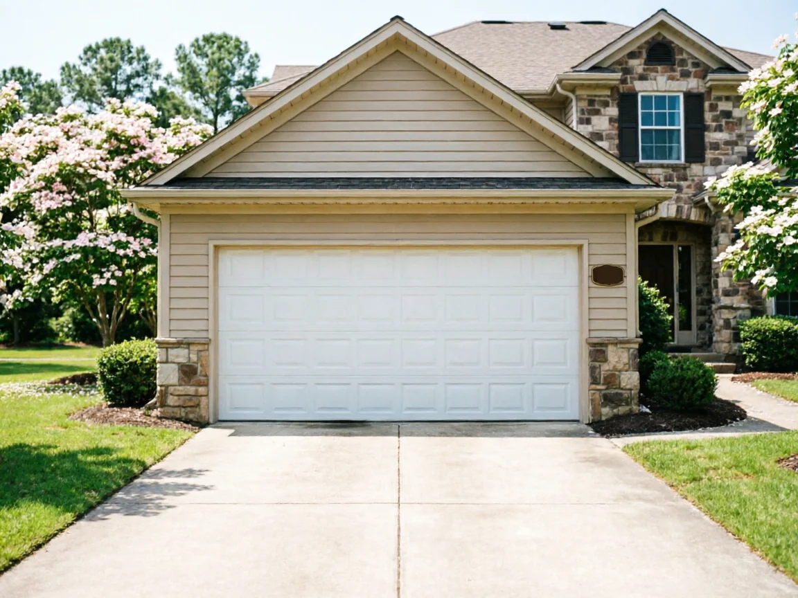 A white garage door on a tan house with stone accents.