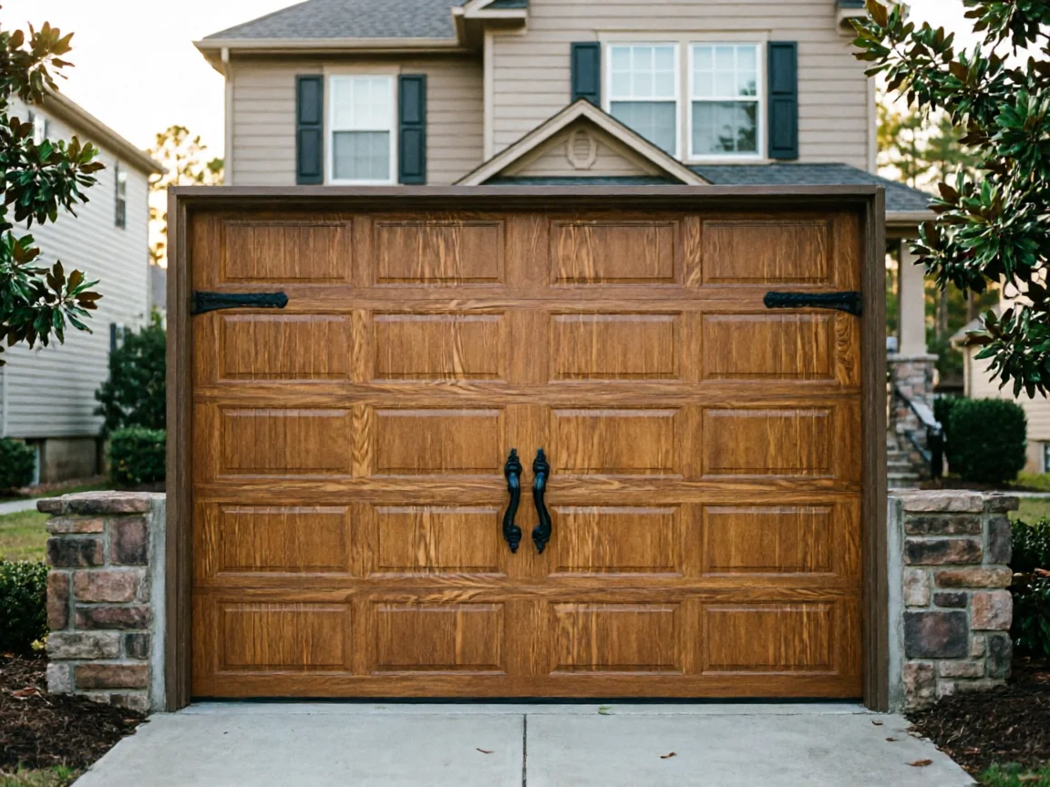 A closed brown garage door with decorative black hardware is in front of a house.